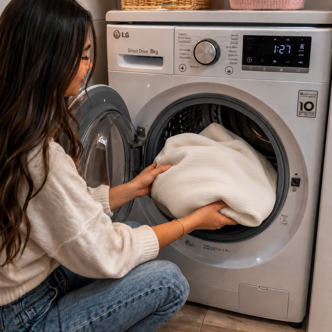 Housse de pouf en velours côtelé écru dans un lave-linge, prête à être lavée.