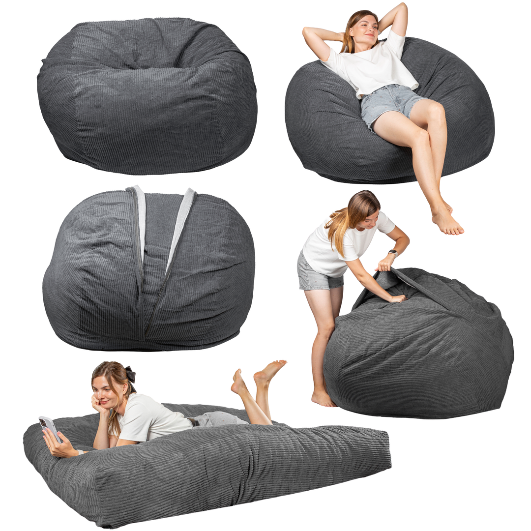 Pouf lit convertible 2-en-1 gris foncé, usages assis et lit déplié avec modèle