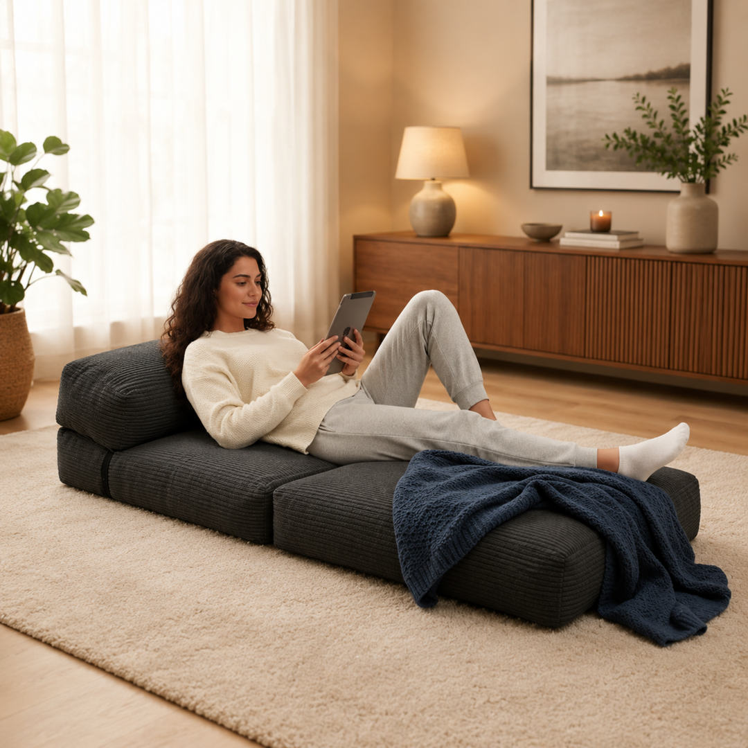 Femme allongée sur une chauffeuse 1 place bleue foncée côtelée, assise dépliée avec coussin et accoudoir.