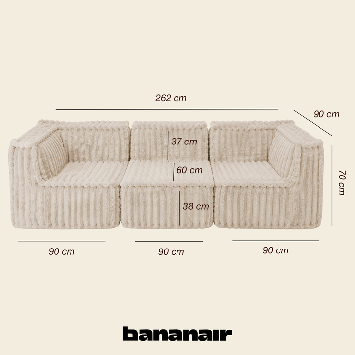 Canapé modulable déhoussable beige, schéma avec dimensions 262×90×70 cm.