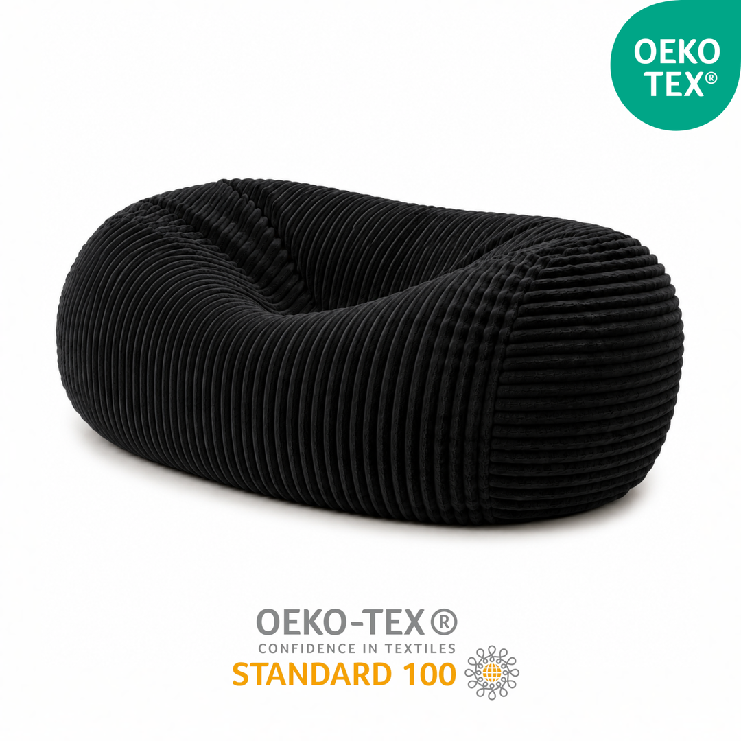 Pouf long géant déhoussable noir en fourrure côtelée certifiée OEKO-TEX
