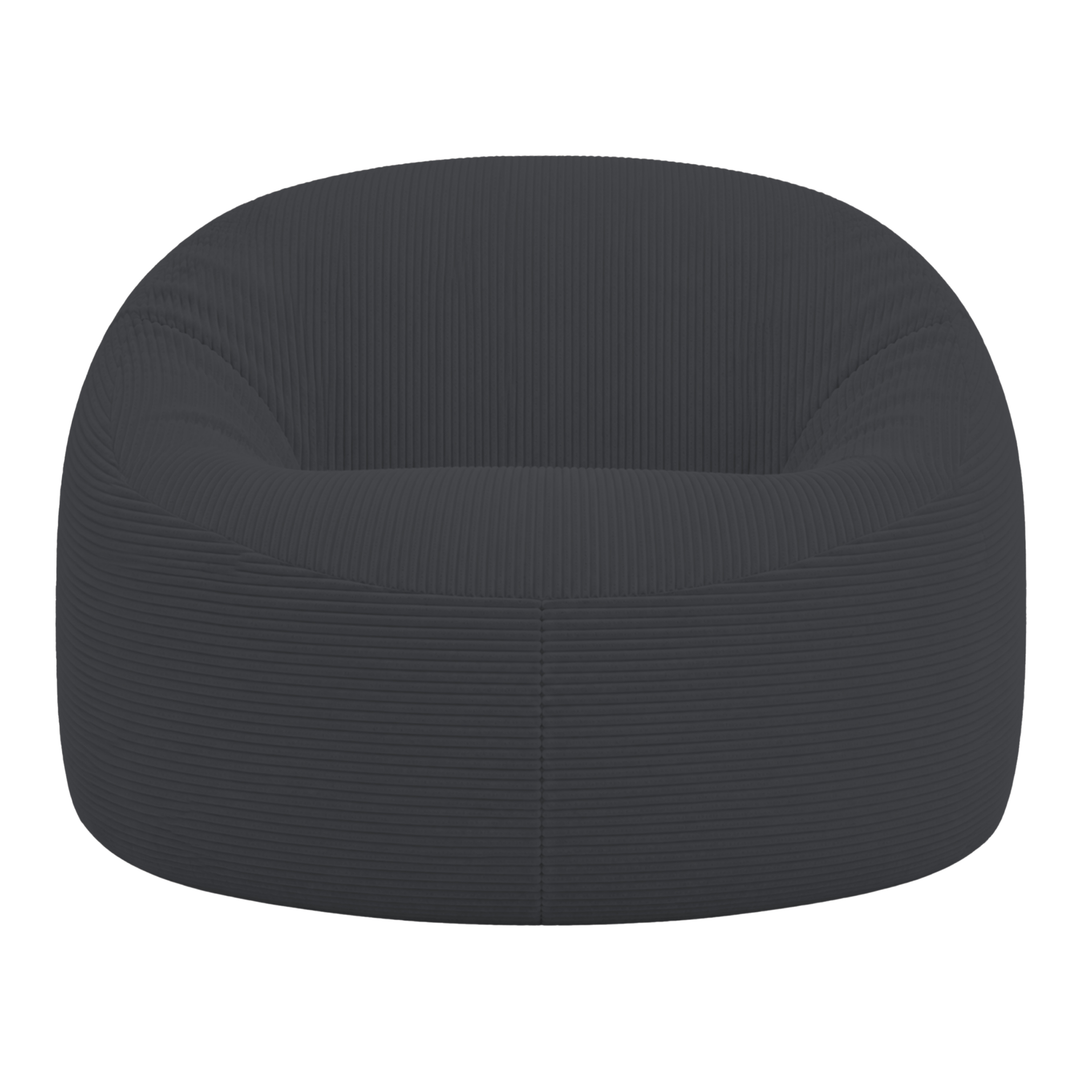 Pouf déhoussable en velours côtelé épais gris foncé, vue de face, forme arrondie.