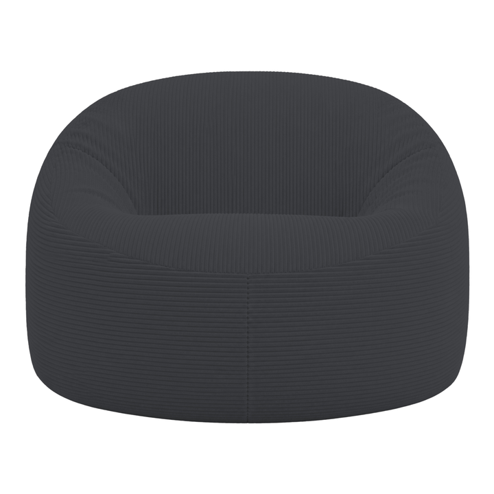 Pouf déhoussable en velours côtelé épais gris foncé, vue de face, forme arrondie.