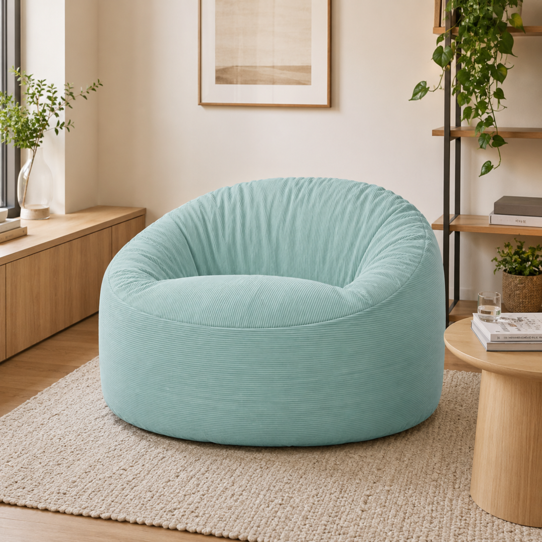 Pouf rond en velours côtelé dans un salon