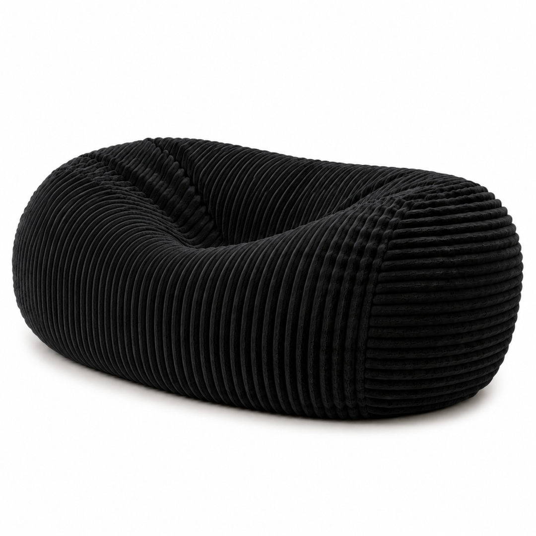 Pouf long géant déhoussable en fourrure côtelée noire, vue de face