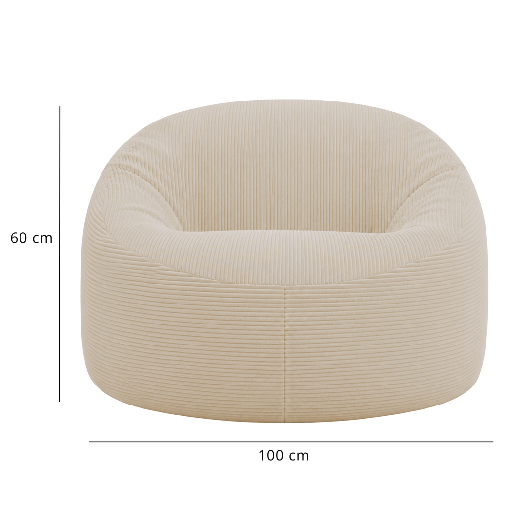 Pouf déhoussable en velours côtelé épais beige, vue avec repères hauteur/largeur