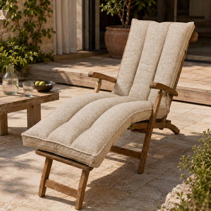 Coussin de bain de soleil, installé sur une chaise longue en extérieur