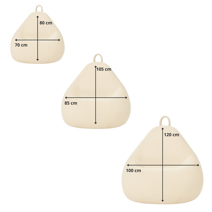 Schéma des dimensions du pouf poire déhoussable en velours côtelé : (80x70, 85x105, 100x120 cm).
