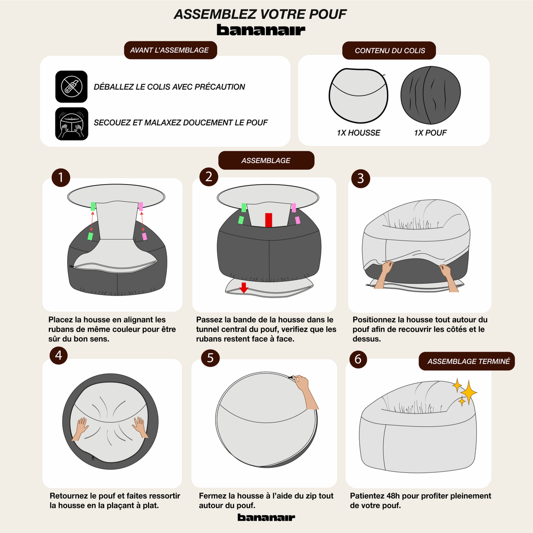 Schéma de montage du pouf 100 cm déhoussable, étapes pour enfiler et positionner la housse.