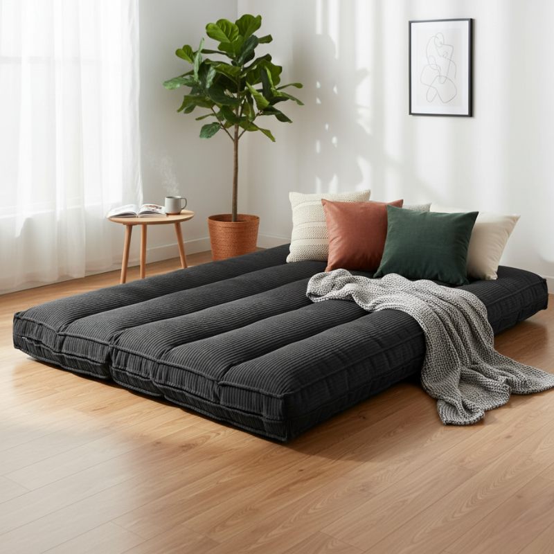 Futon déhoussable gris foncé en velours côtelé, avec coussins et plaid assortis