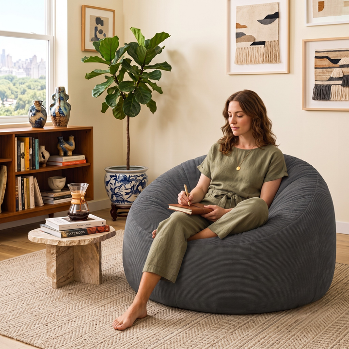Personne assise sur un pouf déhoussable 100 cm en velours côtelé, dans un salon.
