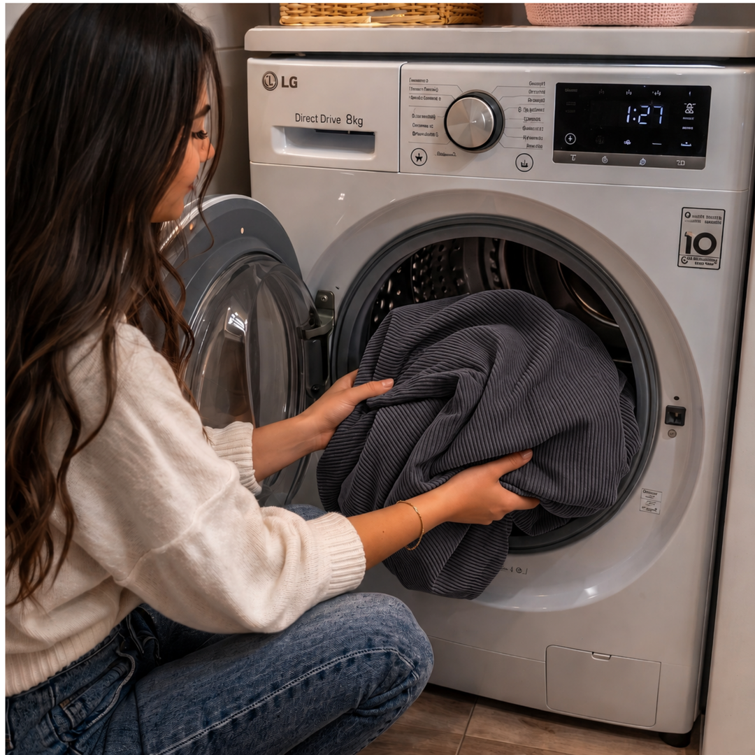 Housse de pouf déhoussable en velours côtelé gris foncé, placée dans une machine à laver.