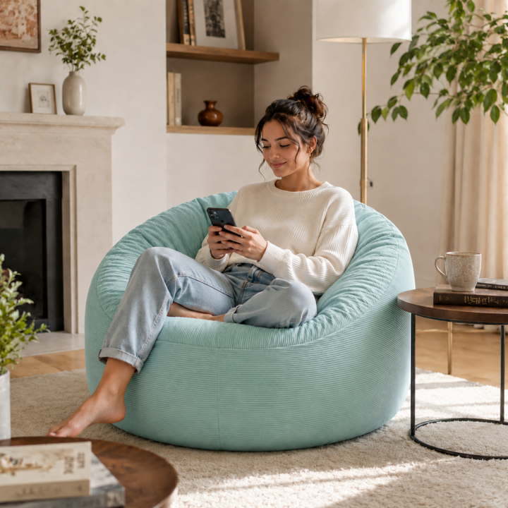 Personne assise dans un pouf rond en velours côtelé, dans un salon