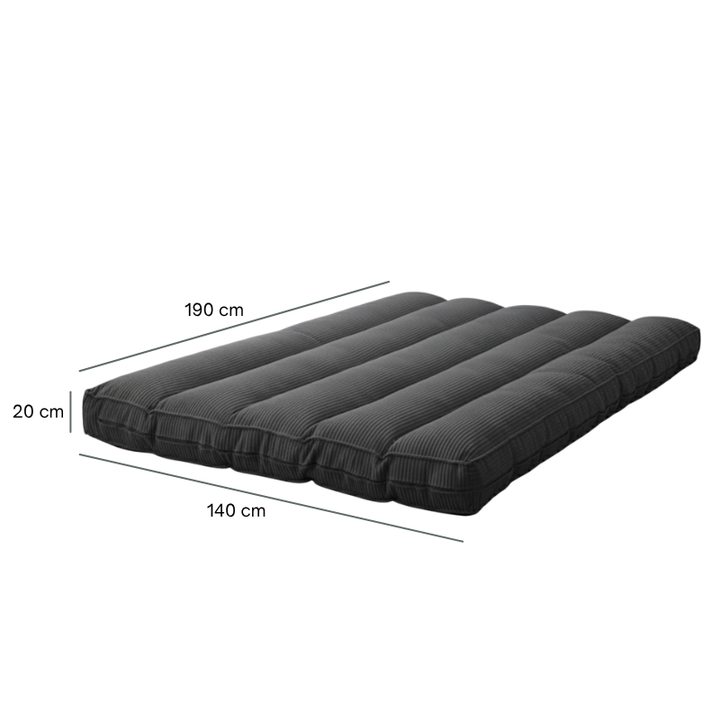 Futon déhoussable gris foncé 140 x 190 cm, surpiqûres et bords cousus.