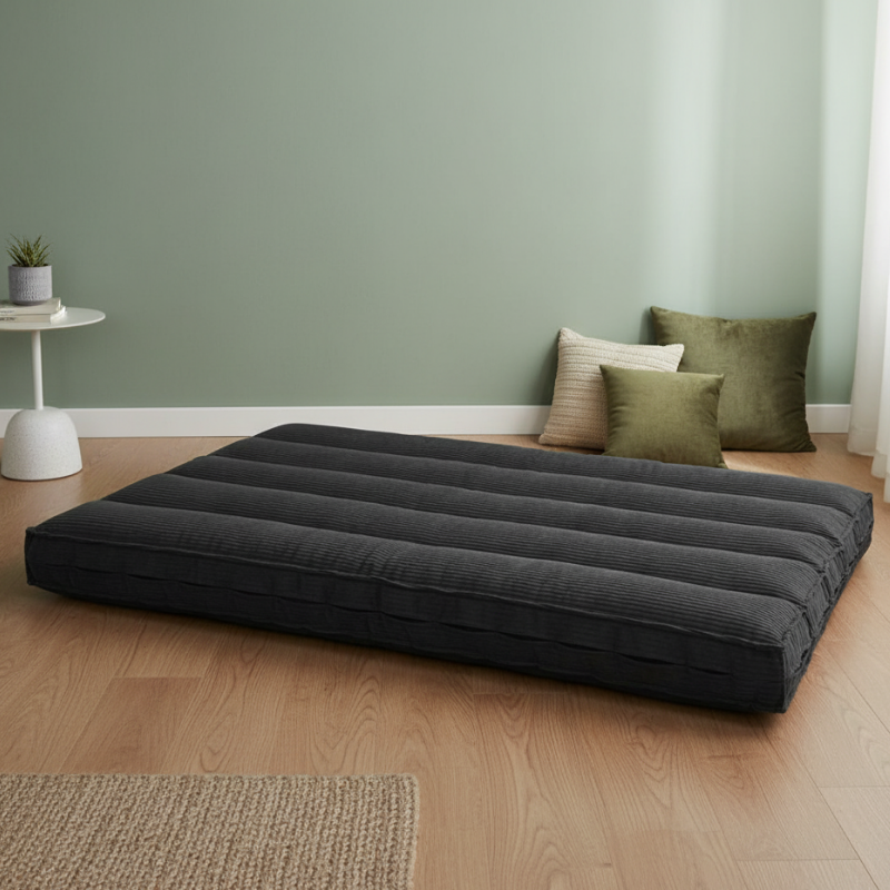 Futon déhoussable gris foncé, housse velours côtelé à lignes horizontales visibles.