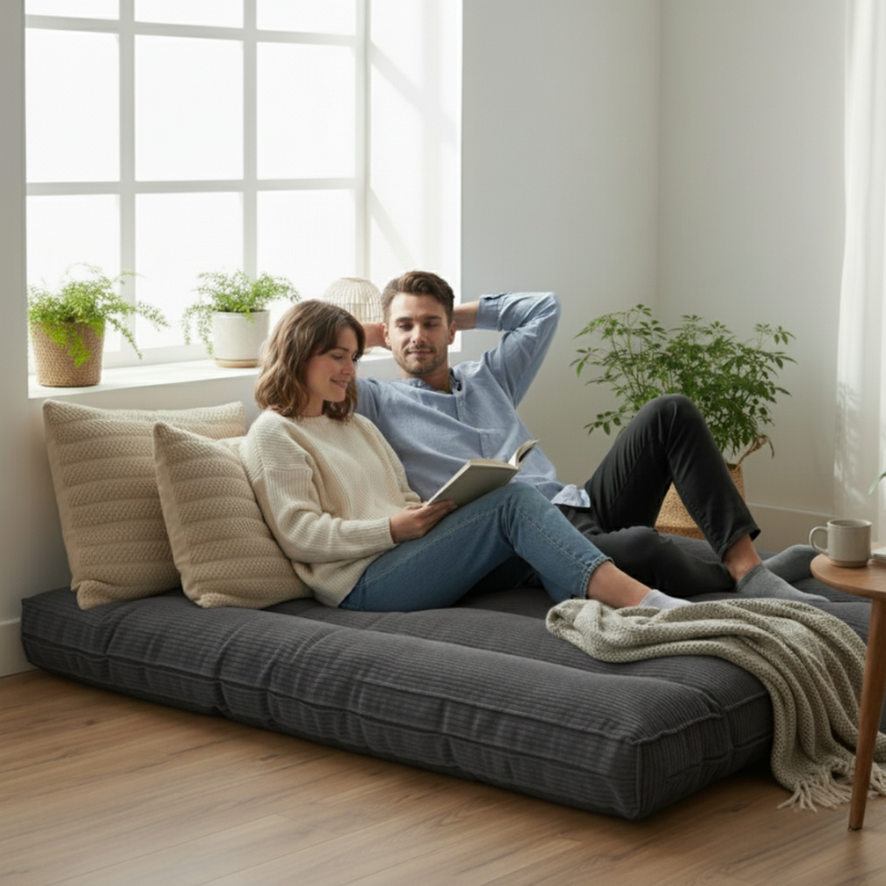 Futon déhoussable gris foncé, housse velours côtelée