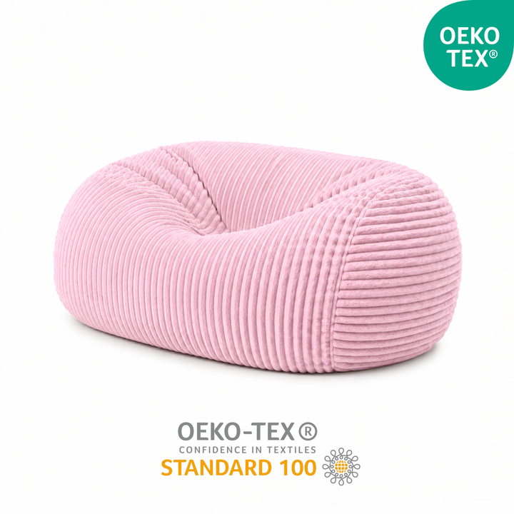 Pouf long géant déhoussable rose en fourrure côtelée certifiée OEKO-TEX