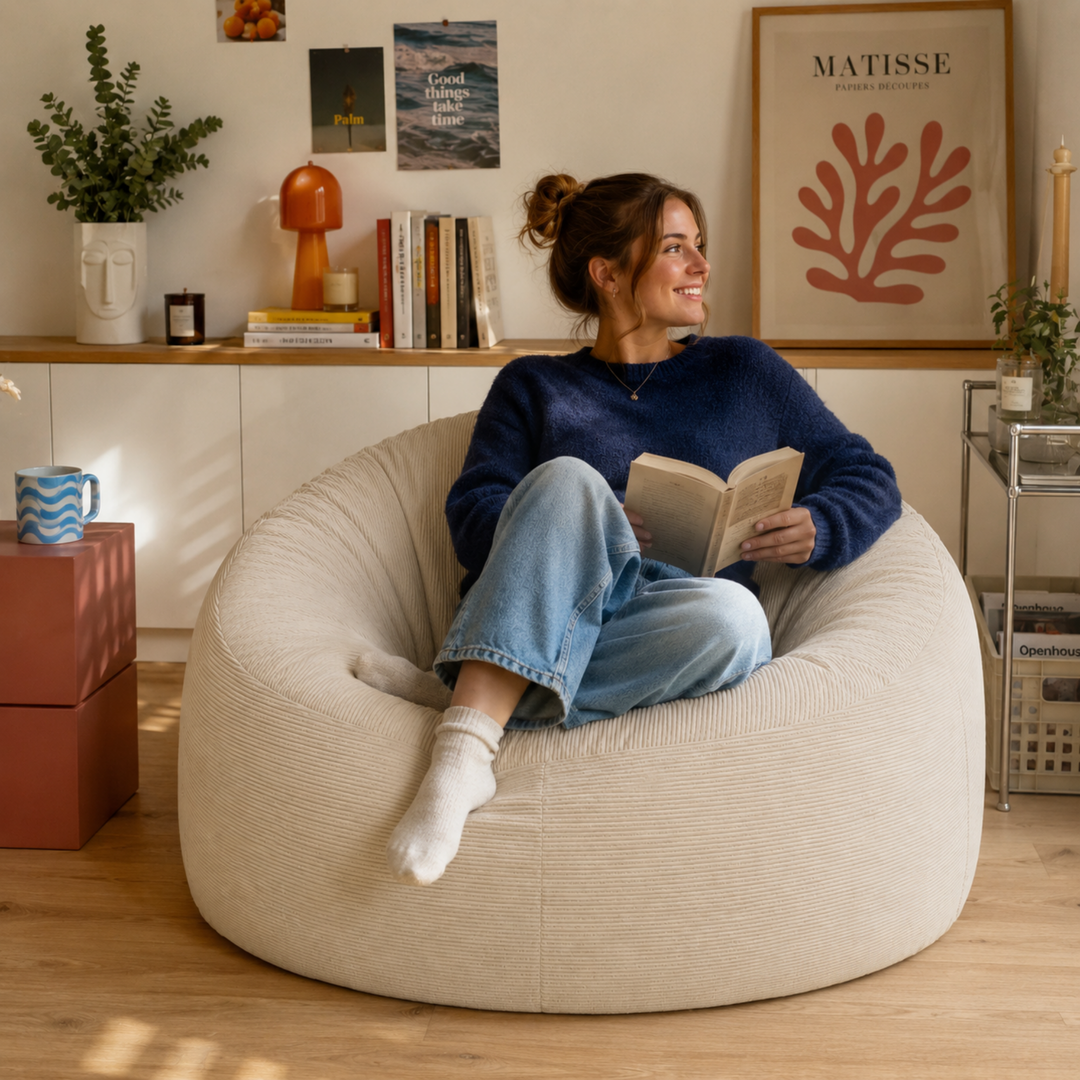 Personne assise sur un pouf déhoussable 100 cm en velours côtelé, dans un salon.