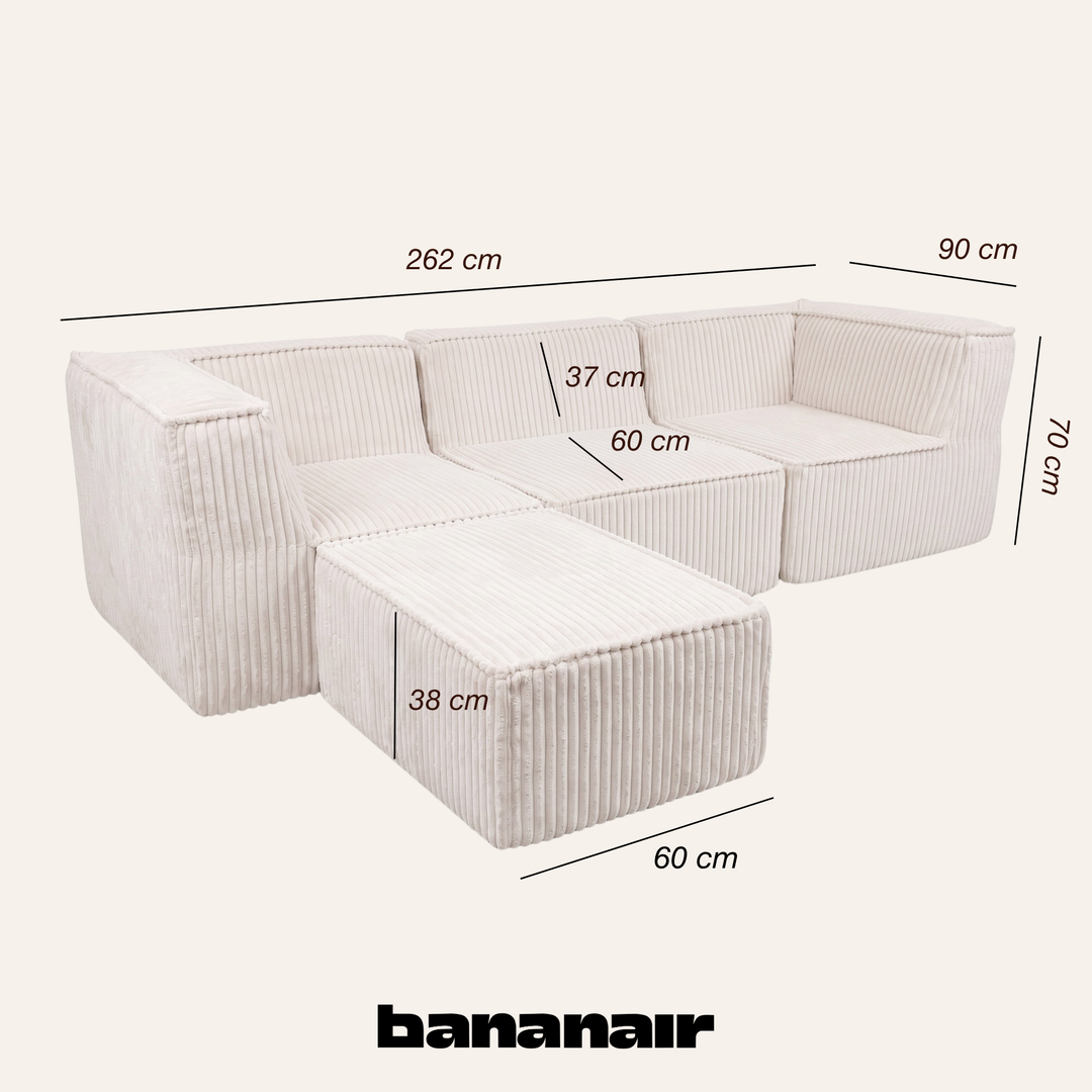 Canapé modulable 3 places déhoussable en velours côtelé blanc cassé, dimensions indiquées 90x262 cm