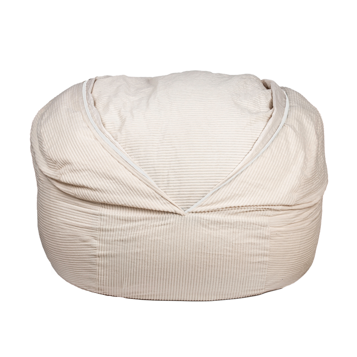 Pouf-lit convertible 2-en-1 blanc cassé, vue de face avec ouverture latérale pour conversion en lit
