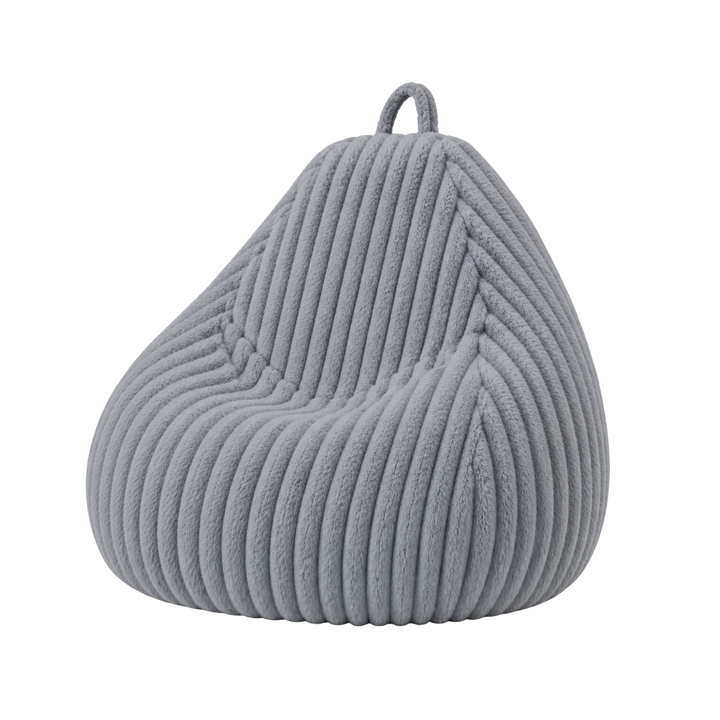 Pouf poire gris en fourrure côtelée, forme poire avec poignée