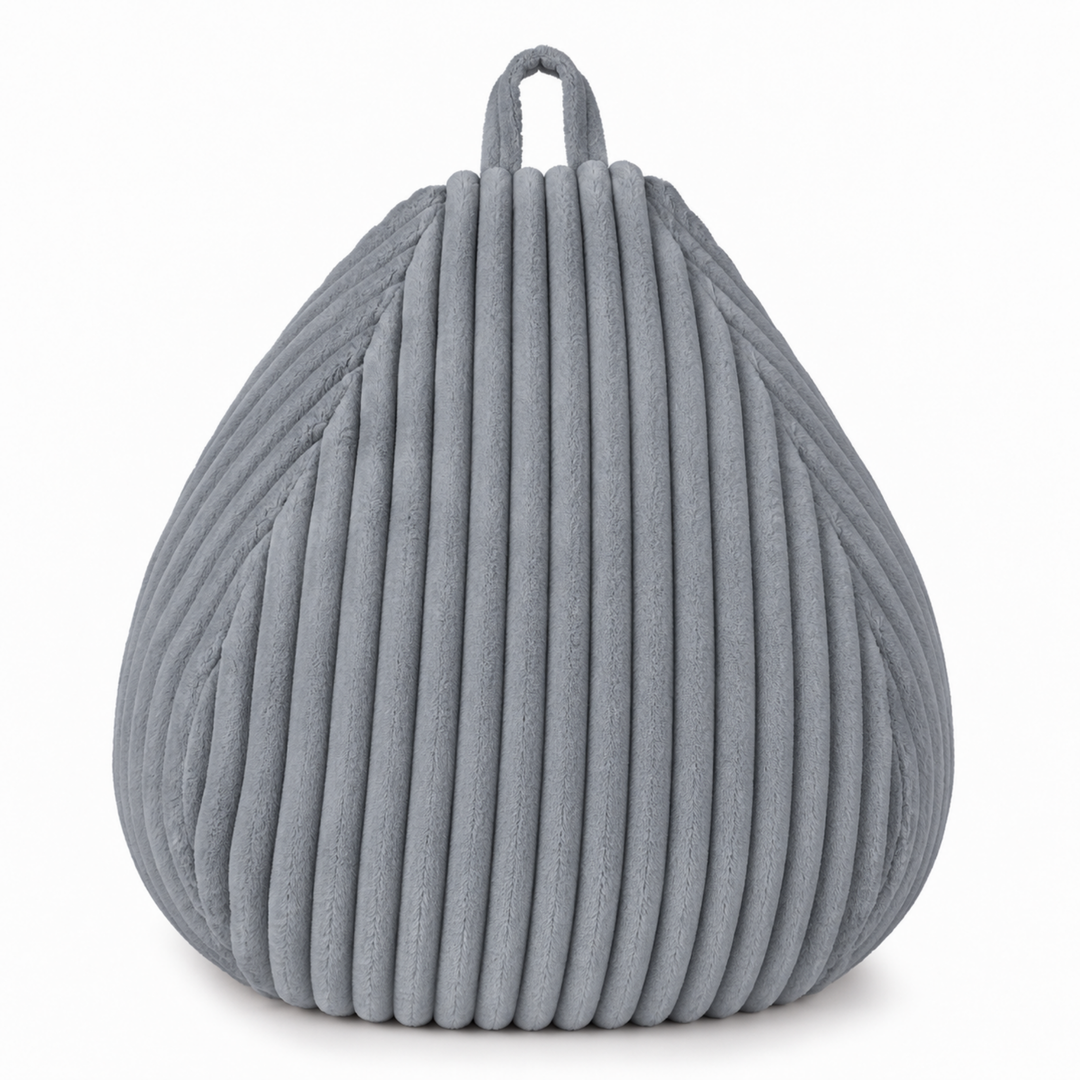 Pouf poire gris foncé en fourrure côtelée, grand format, poignée sur le dessus.