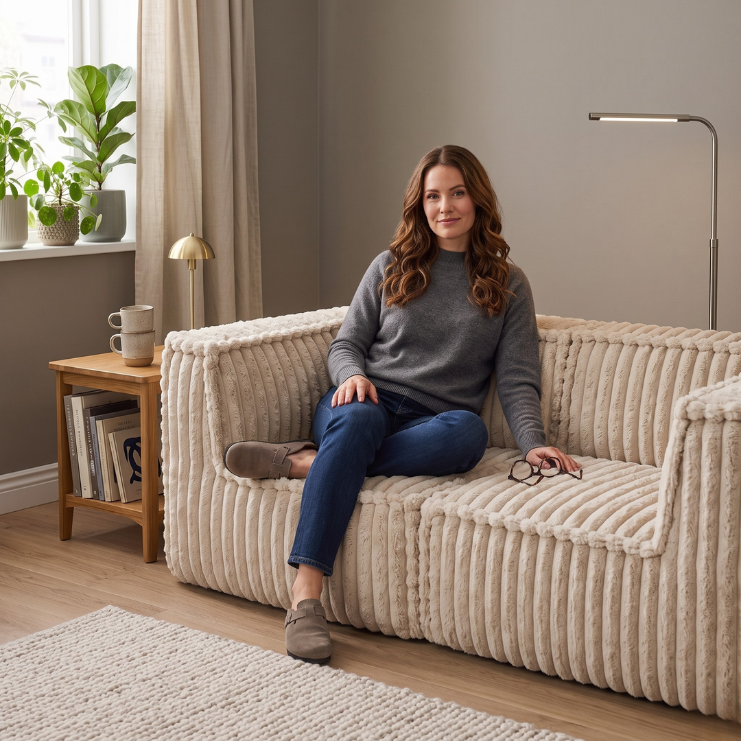 Femme assise sur le canapé modulable 2 places beige en fourrure côtelée