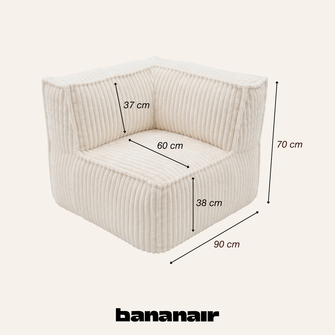 Module d’angle droit en velours côtelé blanc cassé avec dimensions 90×90 cm