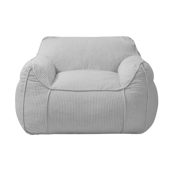 Pouf fauteuil en velours côtelé gris clair, vue de face, assise et dossier rembourrés