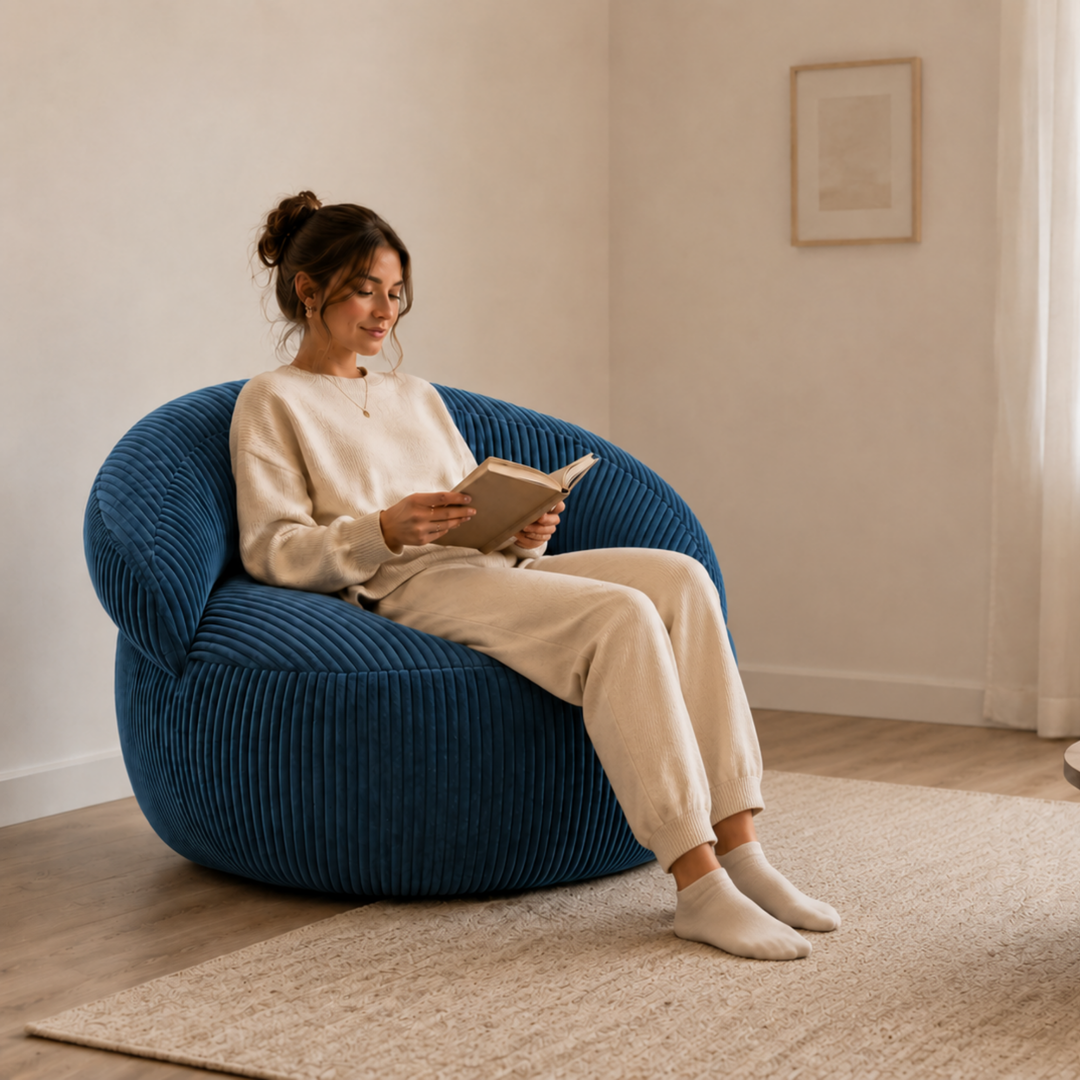 Personne assise sur un pouf XXL en velours côtelé, dans un salon