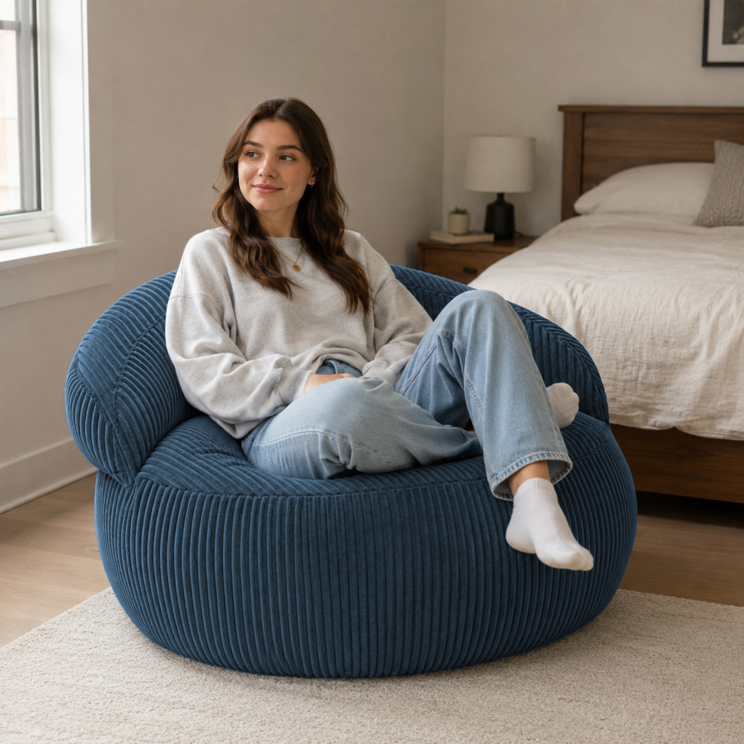 Personne assise sur un pouf XXL en velours côtelé, dans un salon