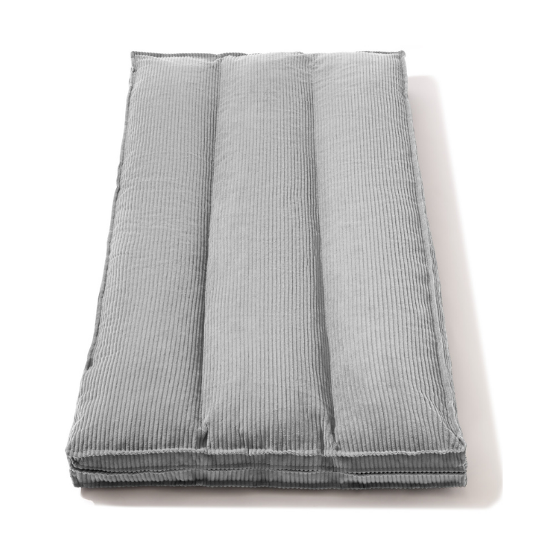Futon déhoussable gris clair, housse rayée, vue de haut