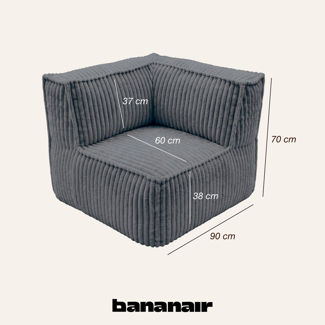 Module d’angle droit en velours côtelé gris foncé avec dimensions 90×90 cm