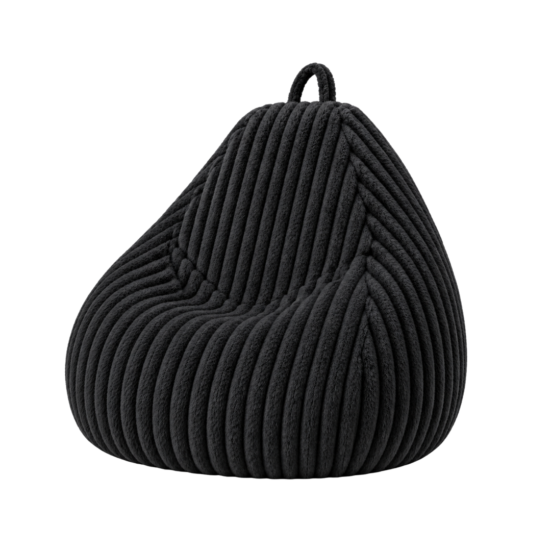 Pouf poire noir en fourrure côtelée, forme poire avec poignée