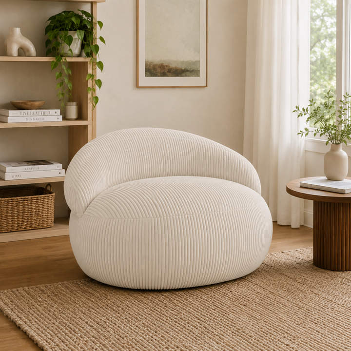 Pouf XXL déhoussable en velours côtelé, forme arrondie, dans un salon