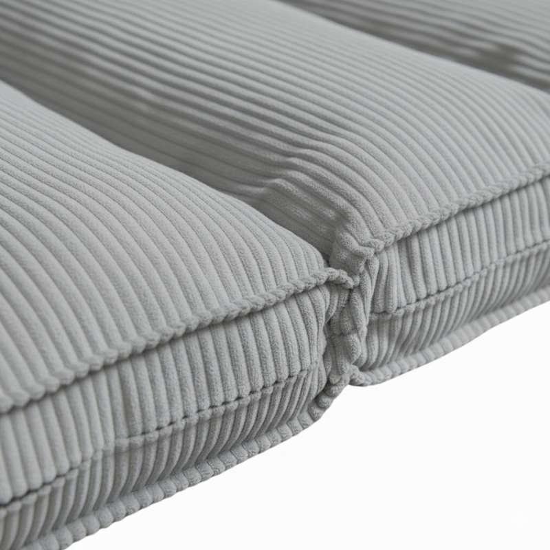 Housse de futon déhoussable gris clair, tissu côtelé, gros plan sur les coutures