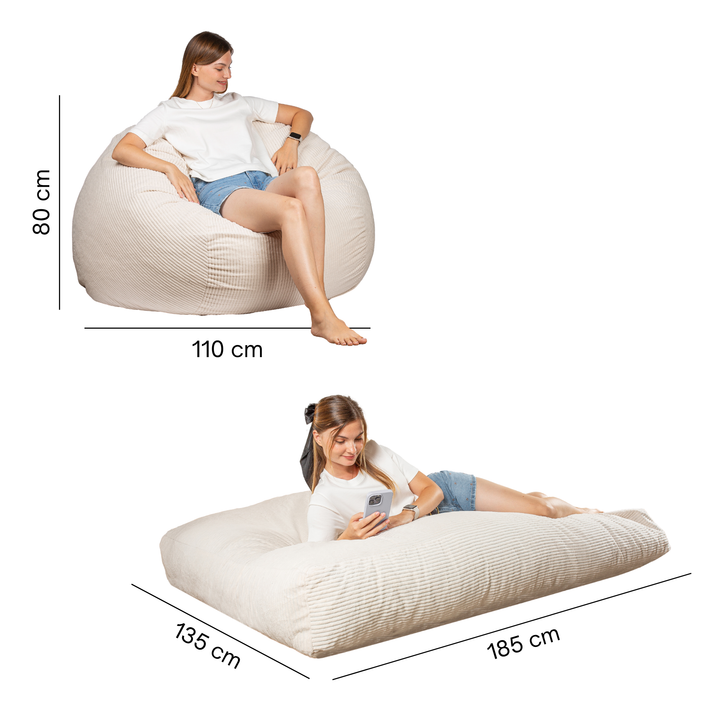 Pouf-lit convertible 2-en-1 blanc cassé, dimensions en mode pouf et lit