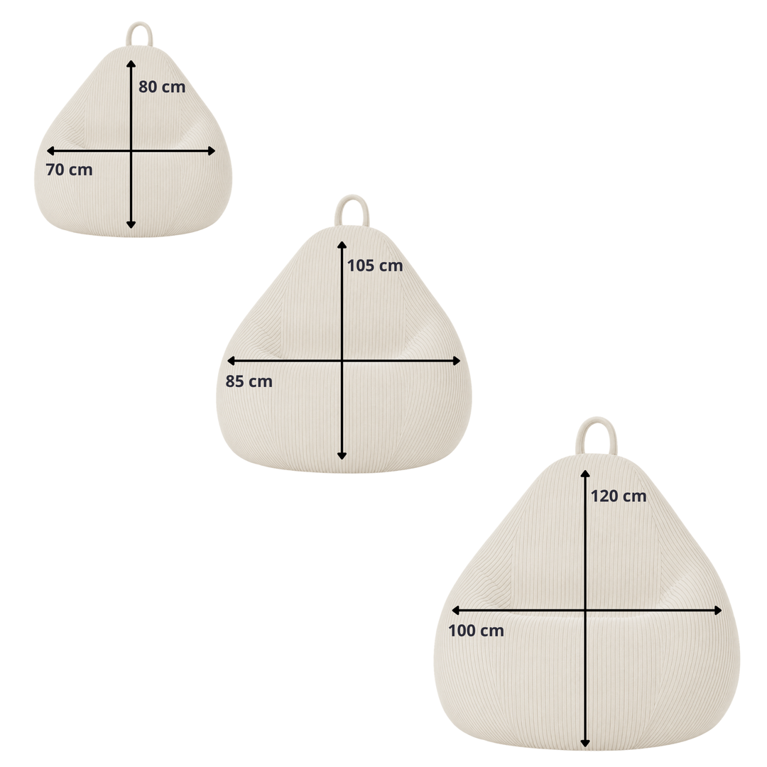 Schéma des dimensions du pouf poire déhoussable en velours côtelé : (80x70, 85x105, 100x120 cm).
