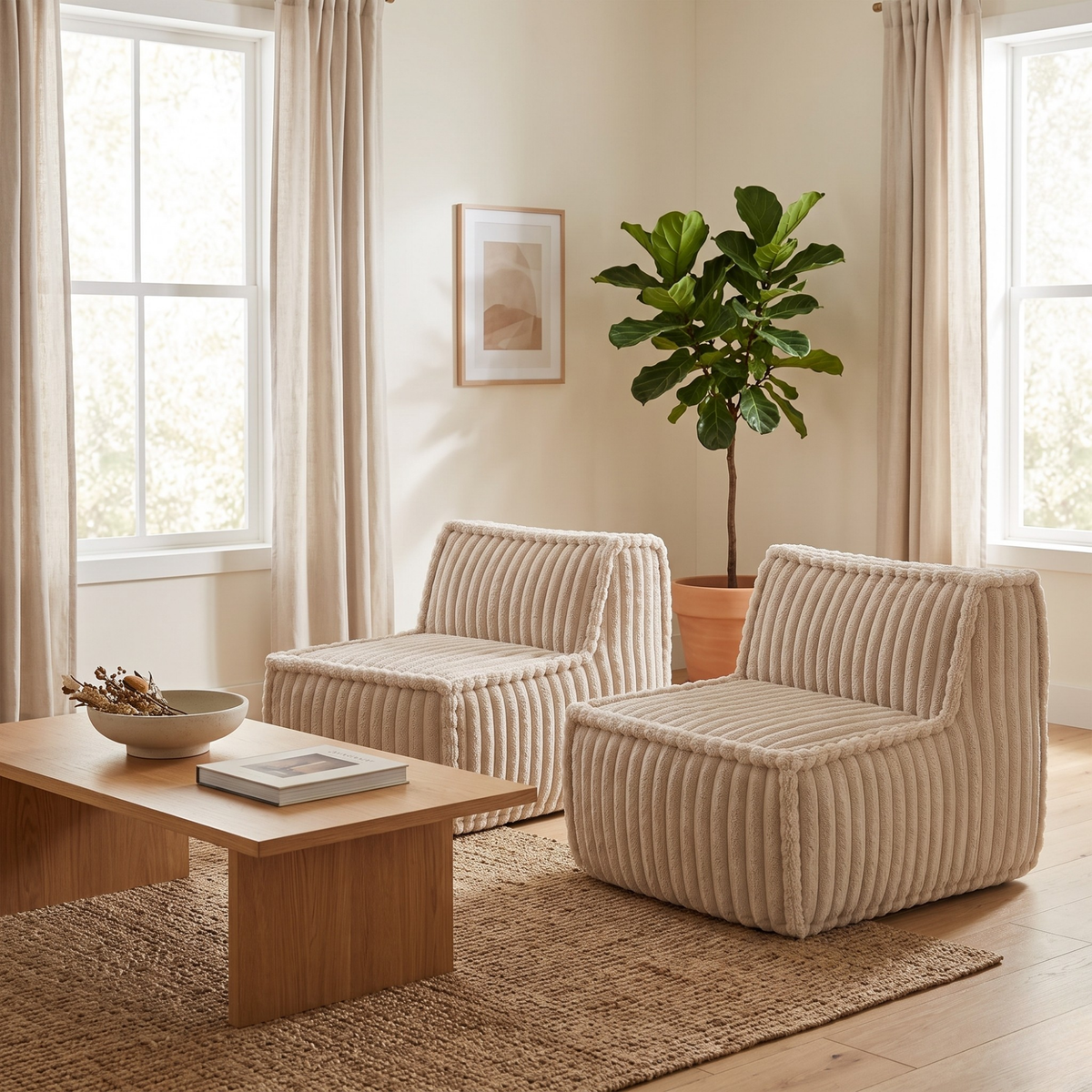 Module central déhoussable en fourrure côtelée beige, fauteuil compact dans un salon
