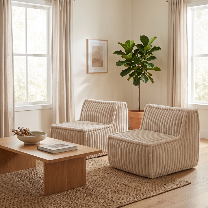 Module central déhoussable en fourrure côtelée beige, fauteuil compact dans un salon
