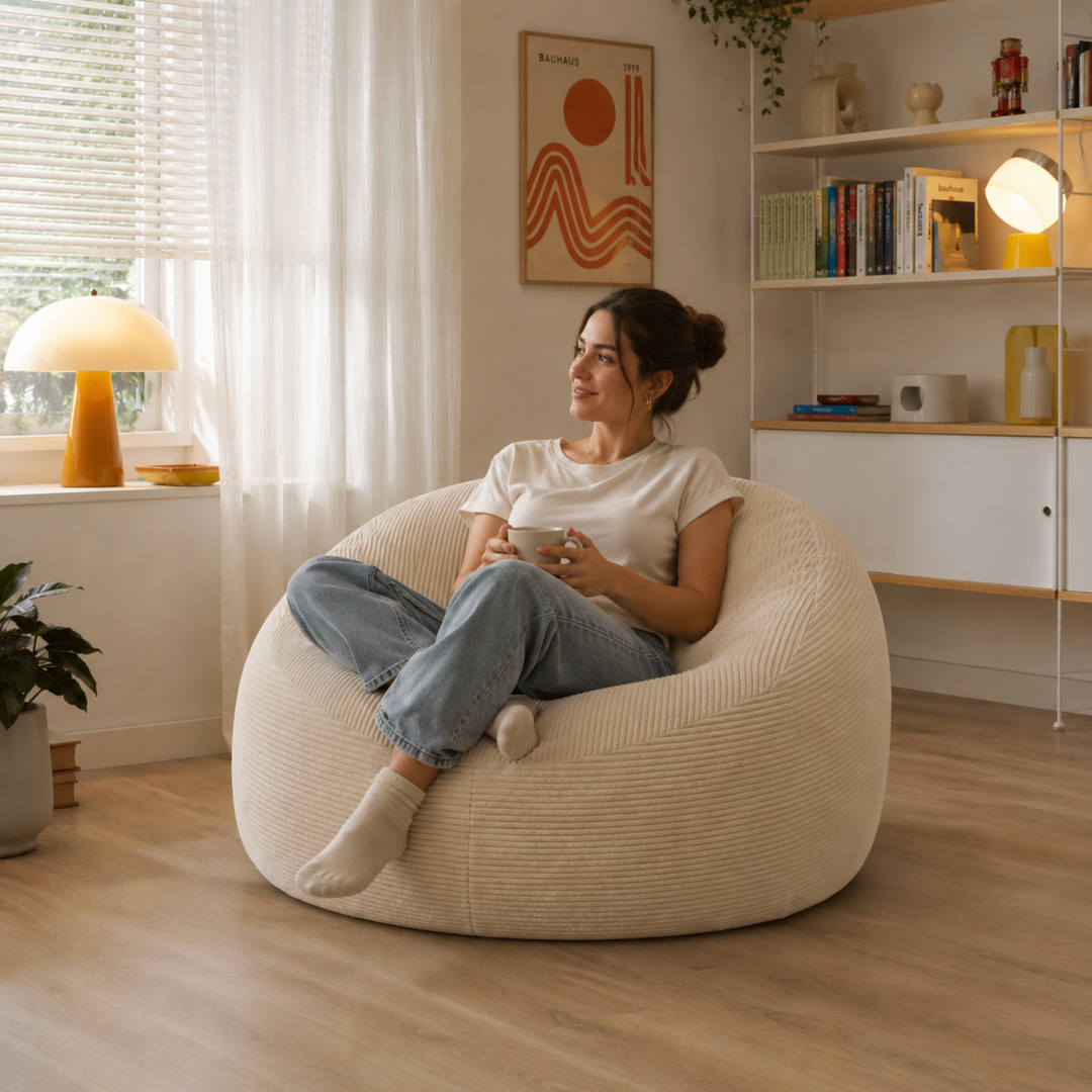 Personne assise sur un pouf déhoussable en velours côtelé