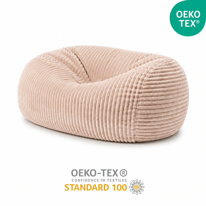 Pouf long géant déhoussable beige en fourrure côtelée certifiée OEKO-TEX
