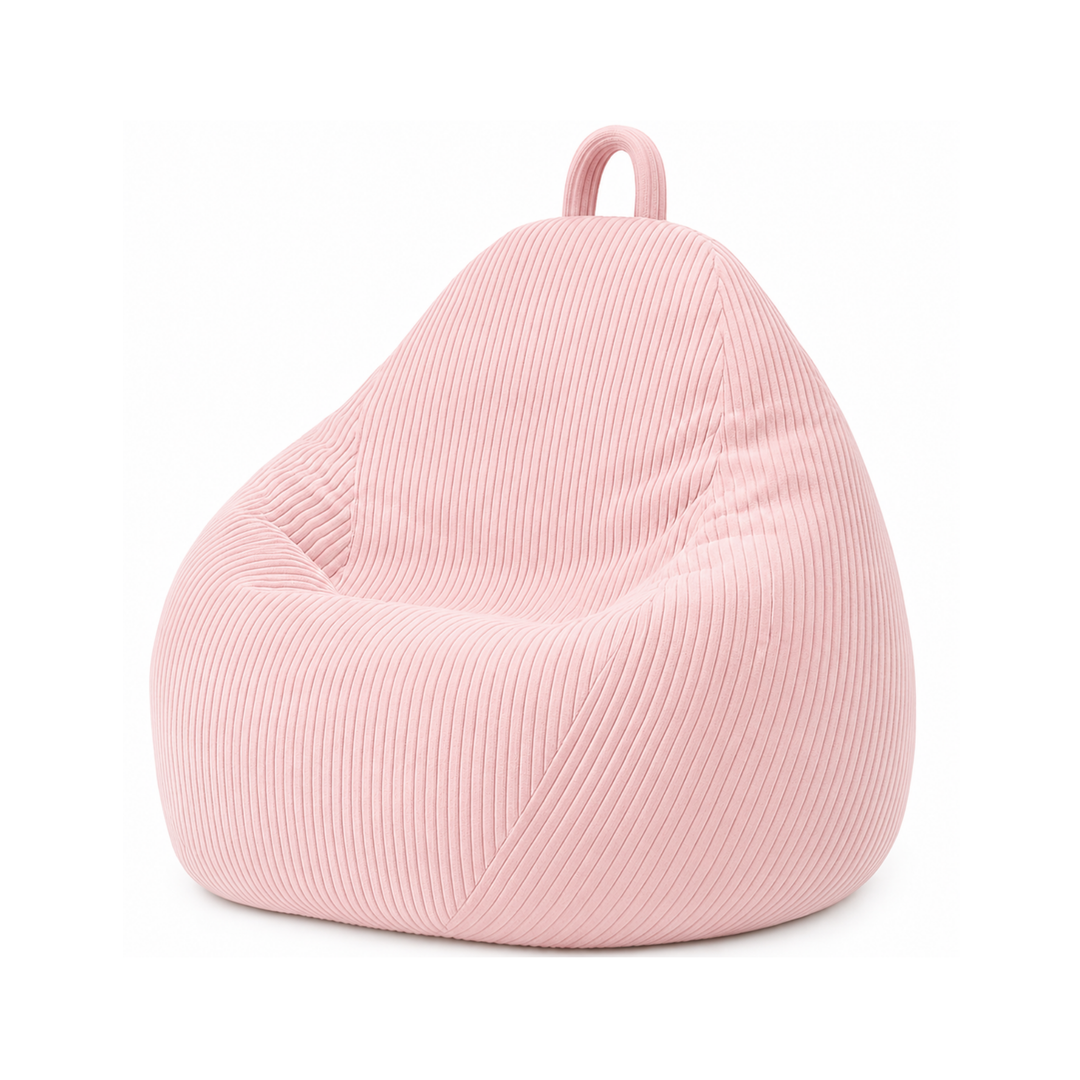 Pouf poire déhoussable en velours côtelé rose, forme poire rembourrée avec poignée