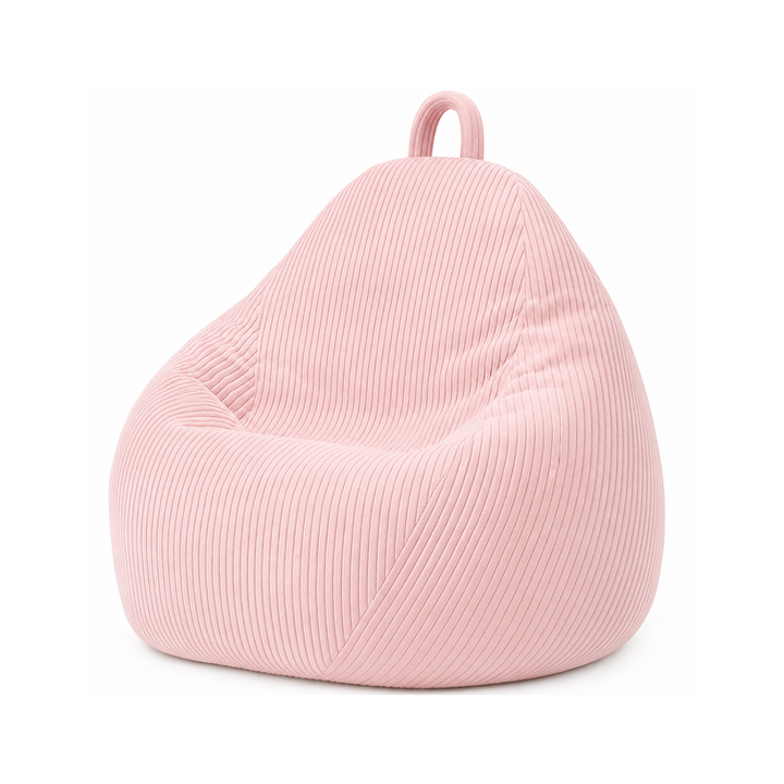 Pouf poire déhoussable en velours côtelé rose, forme poire rembourrée avec poignée