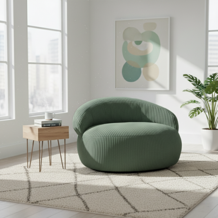 Pouf XXL déhoussable en velours côtelé, forme arrondie, dans un salon