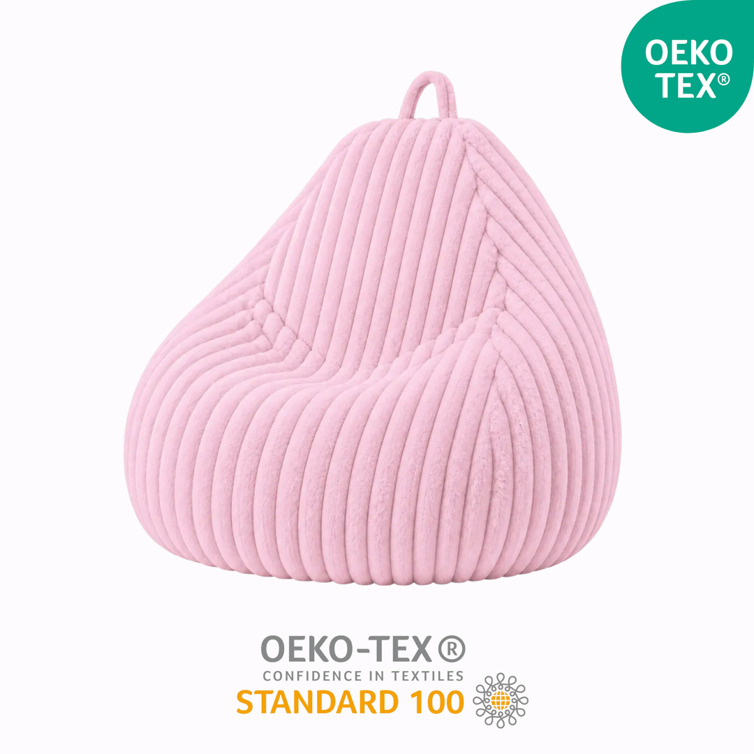 Pouf poire déhoussable en fourrure côtelée, marquage OEKO-TEX Standard.