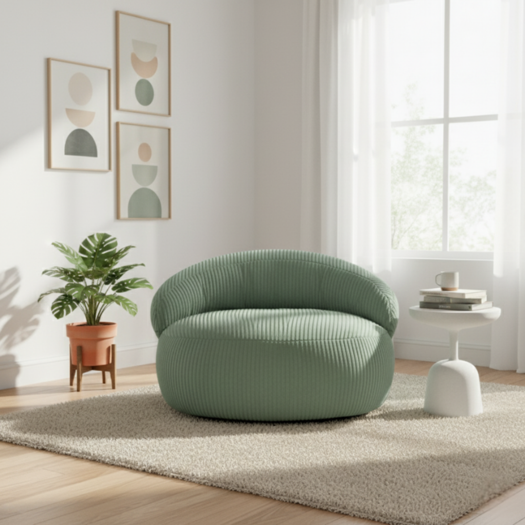Pouf XXL déhoussable en velours côtelé, forme arrondie, dans un salon