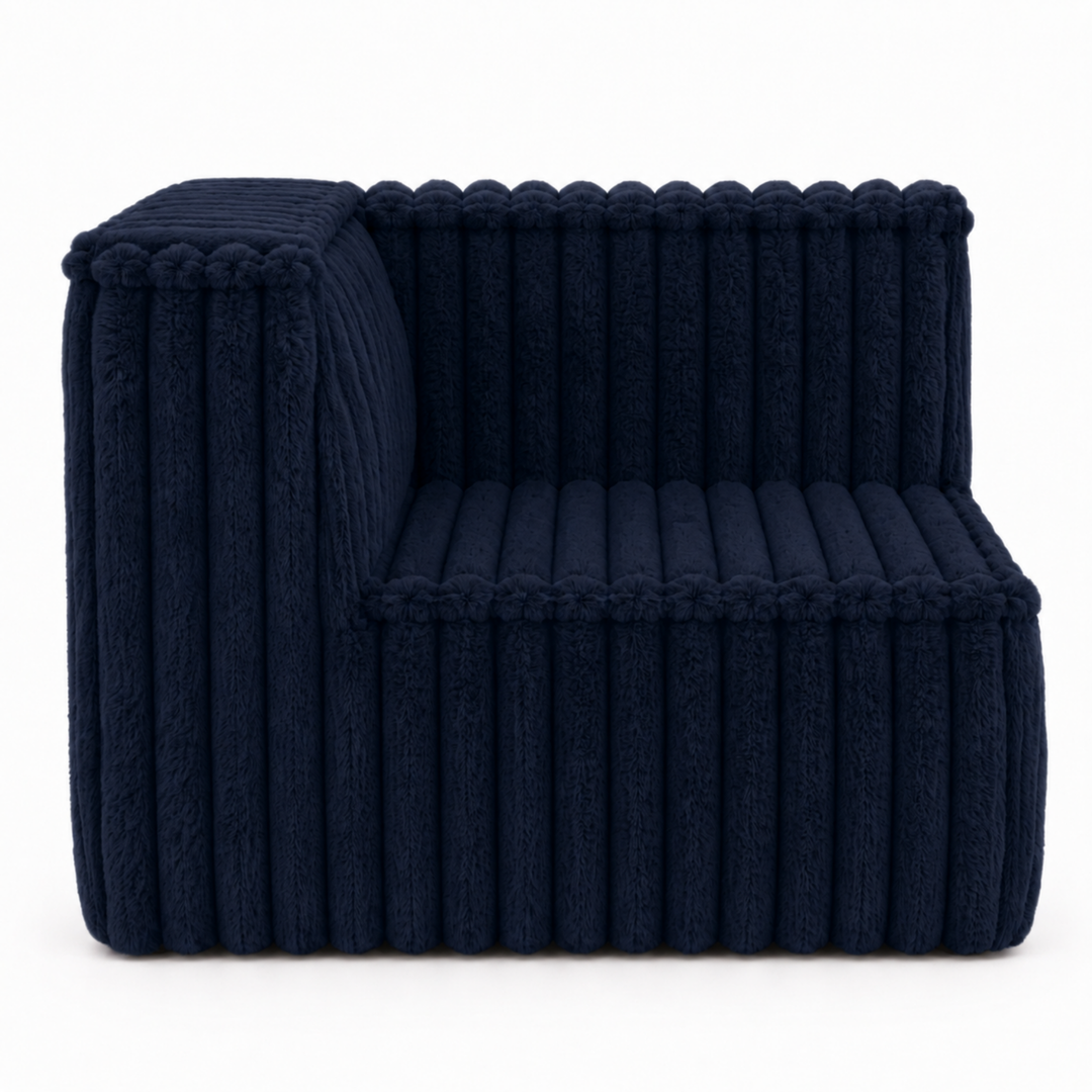 Module d’angle gauche pour canapé modulable déhoussable en fourrure côtelée, bleu foncé, forme compacte.