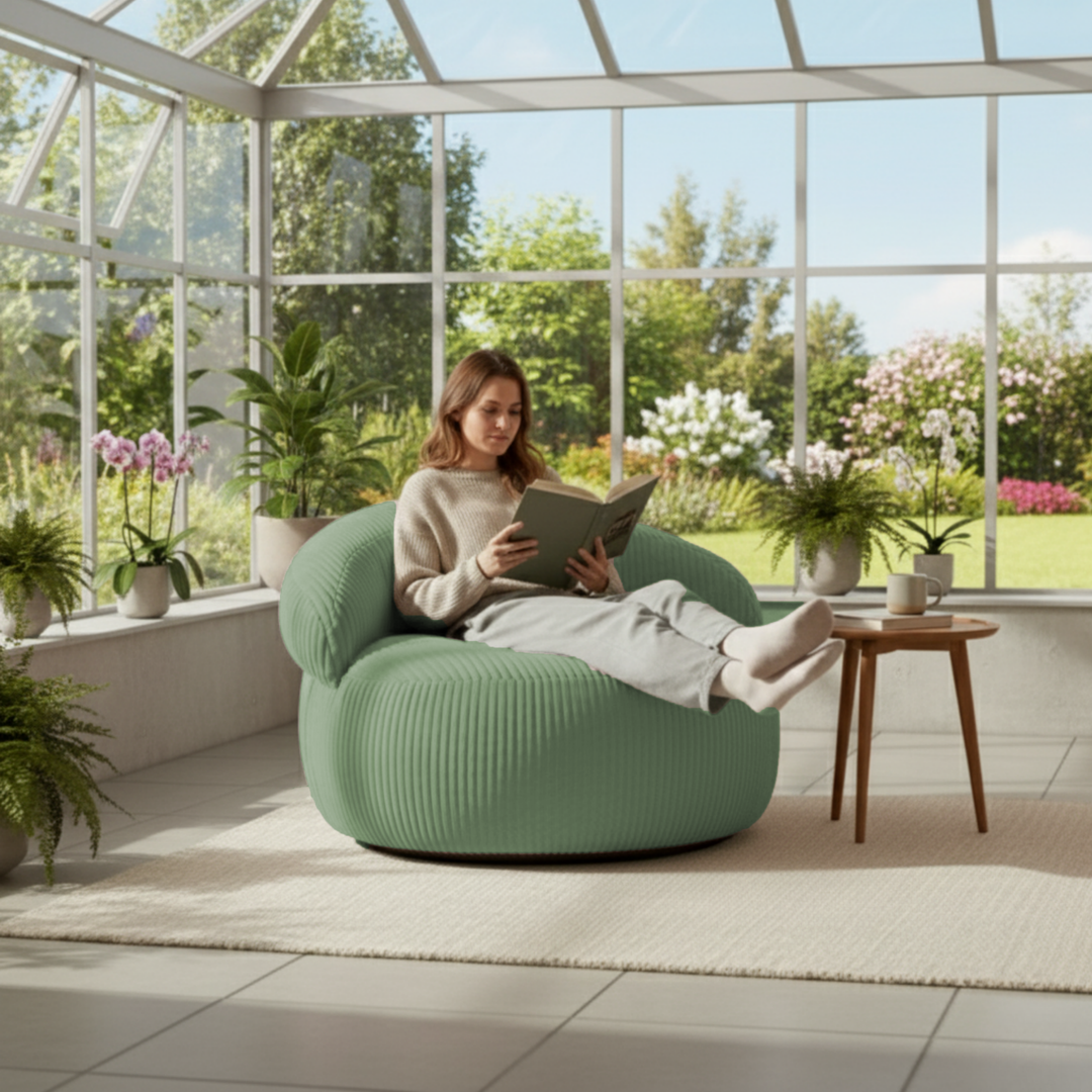 Personne assise sur un pouf XXL en velours côtelé, dans un salon