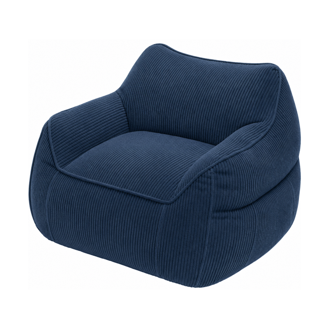 Pouf fauteuil en velours côtelé bleu foncé, assise et accoudoirs rembourrés